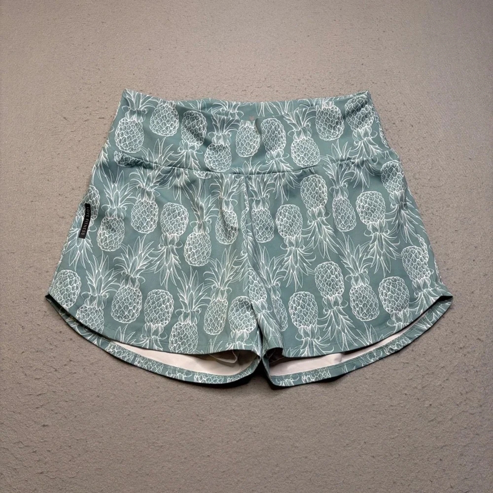 Love Fitness Shorts Women Large Teal Pineapple Print Activewear Running Lined